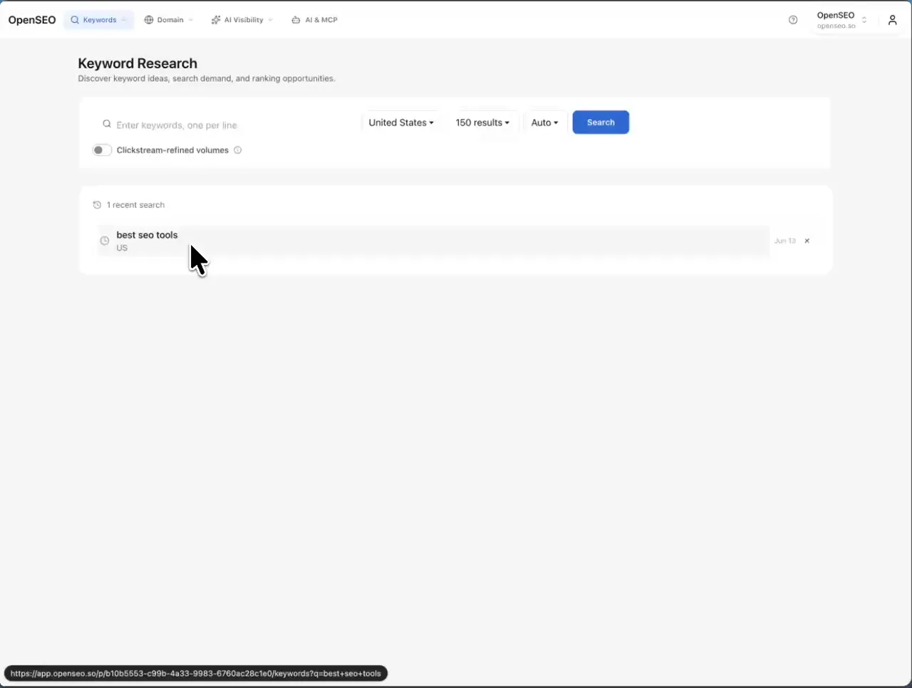 AkaiSEO keyword research dashboard